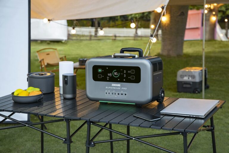 Portable power station on a camping table outdoors