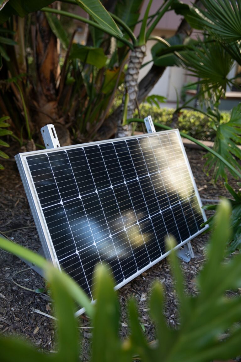 A small solar panel set up in a backyard garden